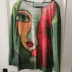 MISS LOOK arty, art deco womans face long sleeve tee. Size large